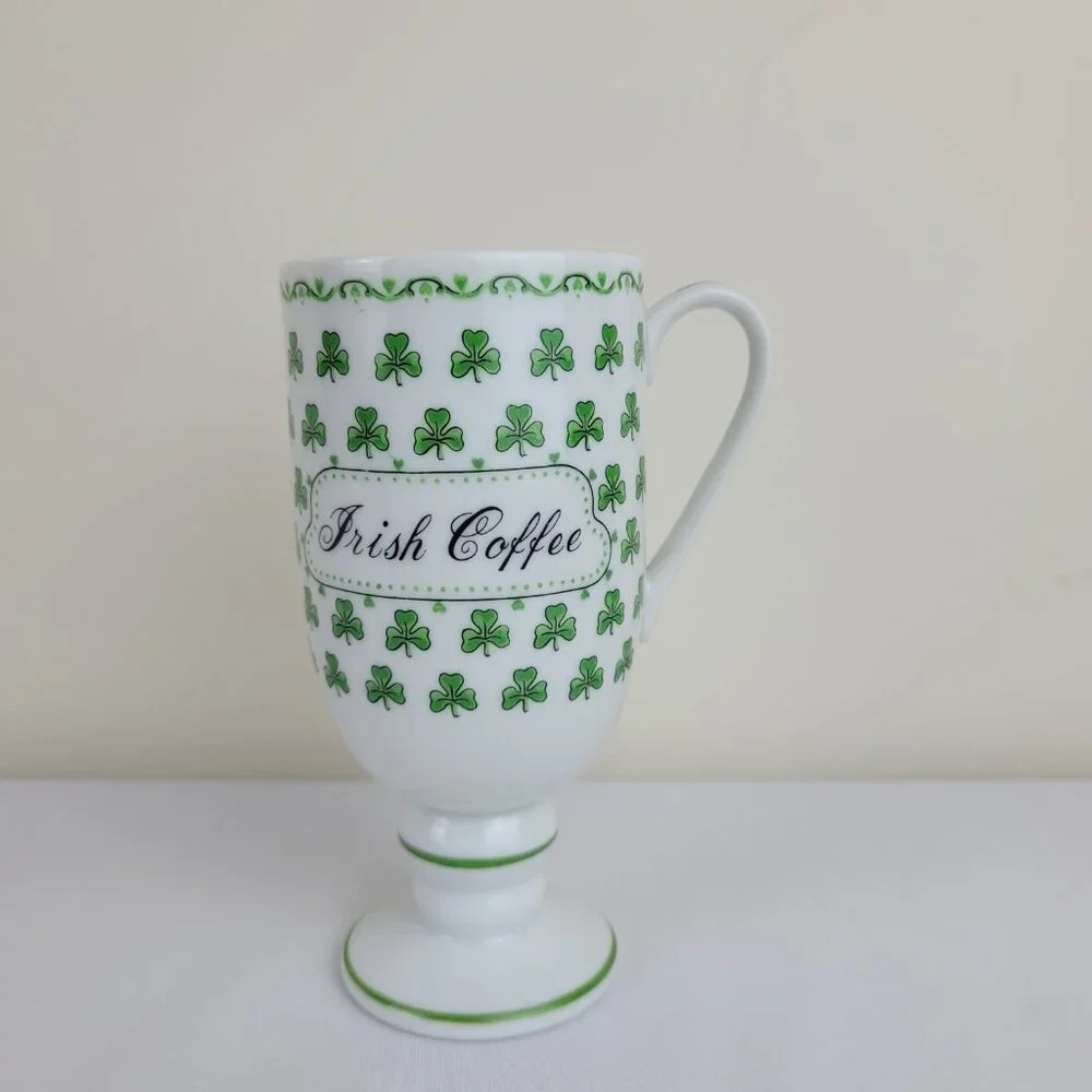 Vintage Irish Coffee Mug Footed Pedestal Green lucky Clover Shamrock 1345, Japan